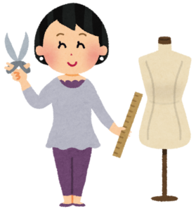 トルソーをバックに、物差しと裁ちばさみを持ったファッションデザイナーの女性のイラスト