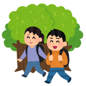 森の中を散歩する人たちのイラスト
