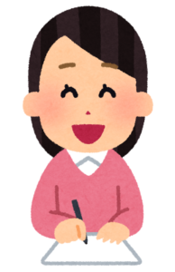 笑顔で紙に何かを書く女性のイラスト